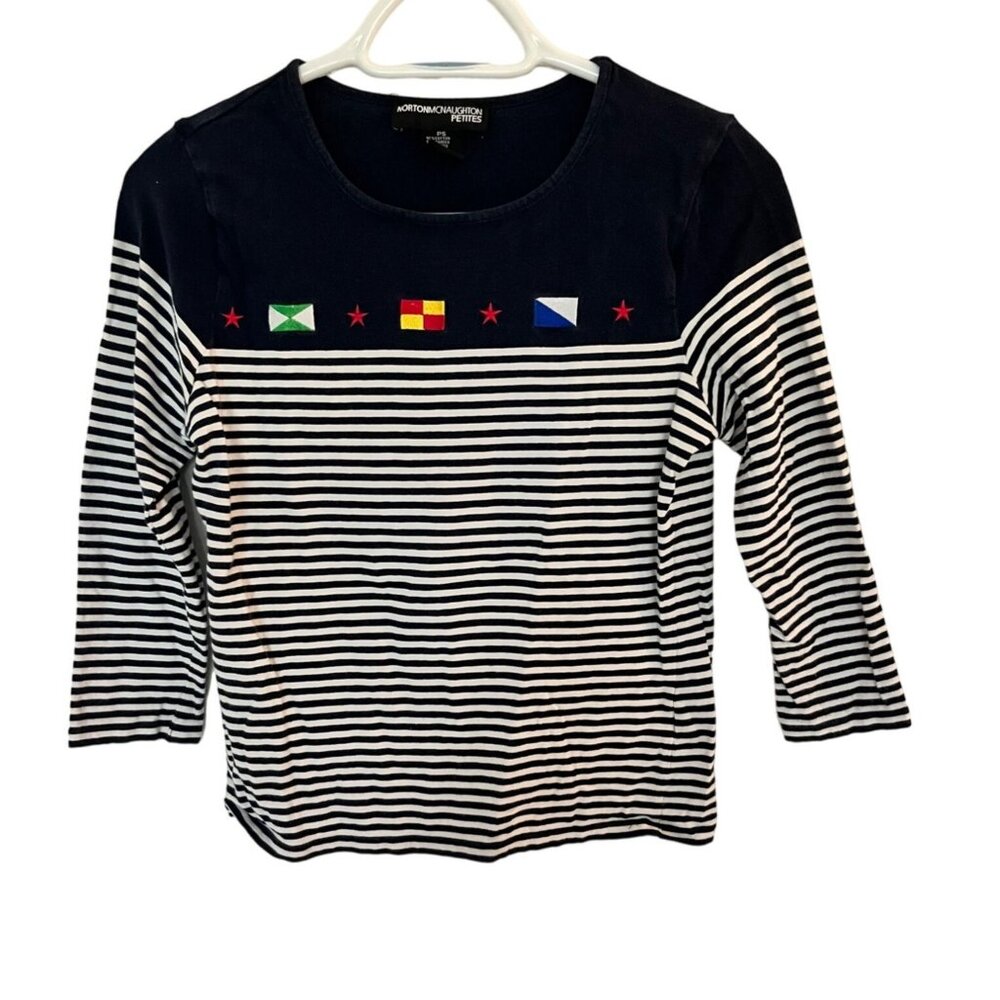 Norton McNaughton Striped 3/4 Sleeve Top Navy White Nautical Flags Top Sz SP